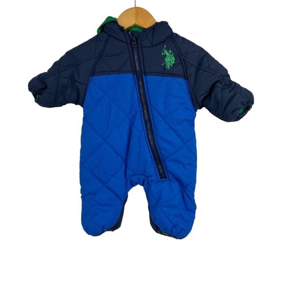 US polo snowsuit 3/6 months hooded puffer covered feet hands blue winter jacket - Picture 8 of 8